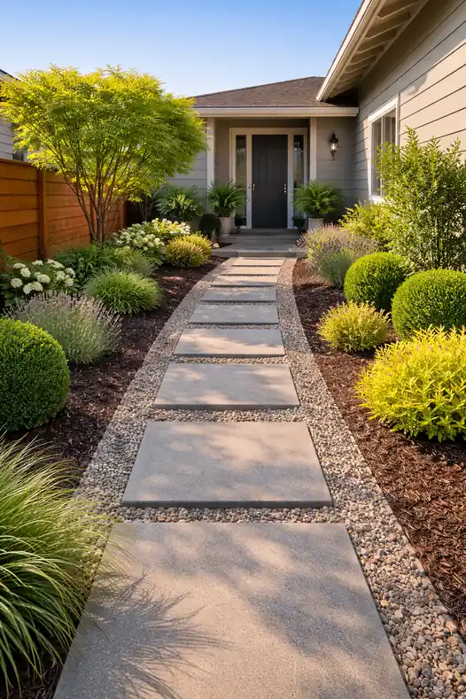 Stepping-stone walkway with gravel base and manicured shrubs