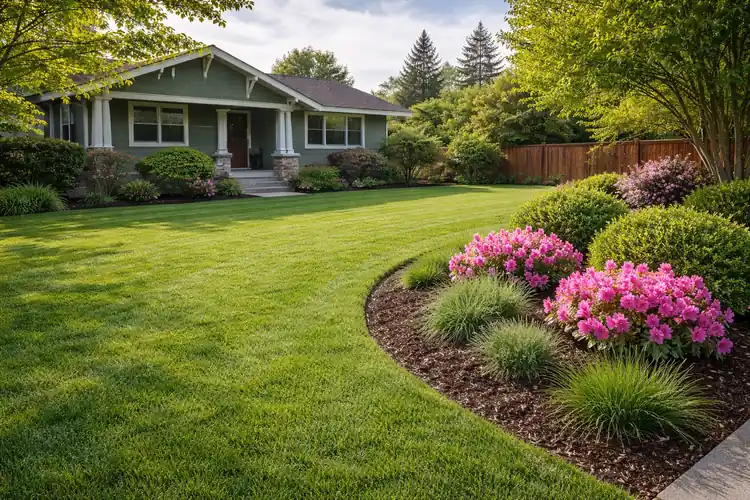 Front yard lawn with curved flower bed and pink blooms