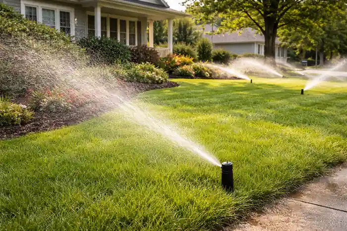 Pop-up sprinkler watering a green lawn for even irrigation coverage in Sonoma County, CA